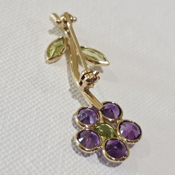 Vintage 14k Yellow Gold Purple Green Gemstones Flower Beautiful Pin Brooch 1.7 g - Picture 12 of 16